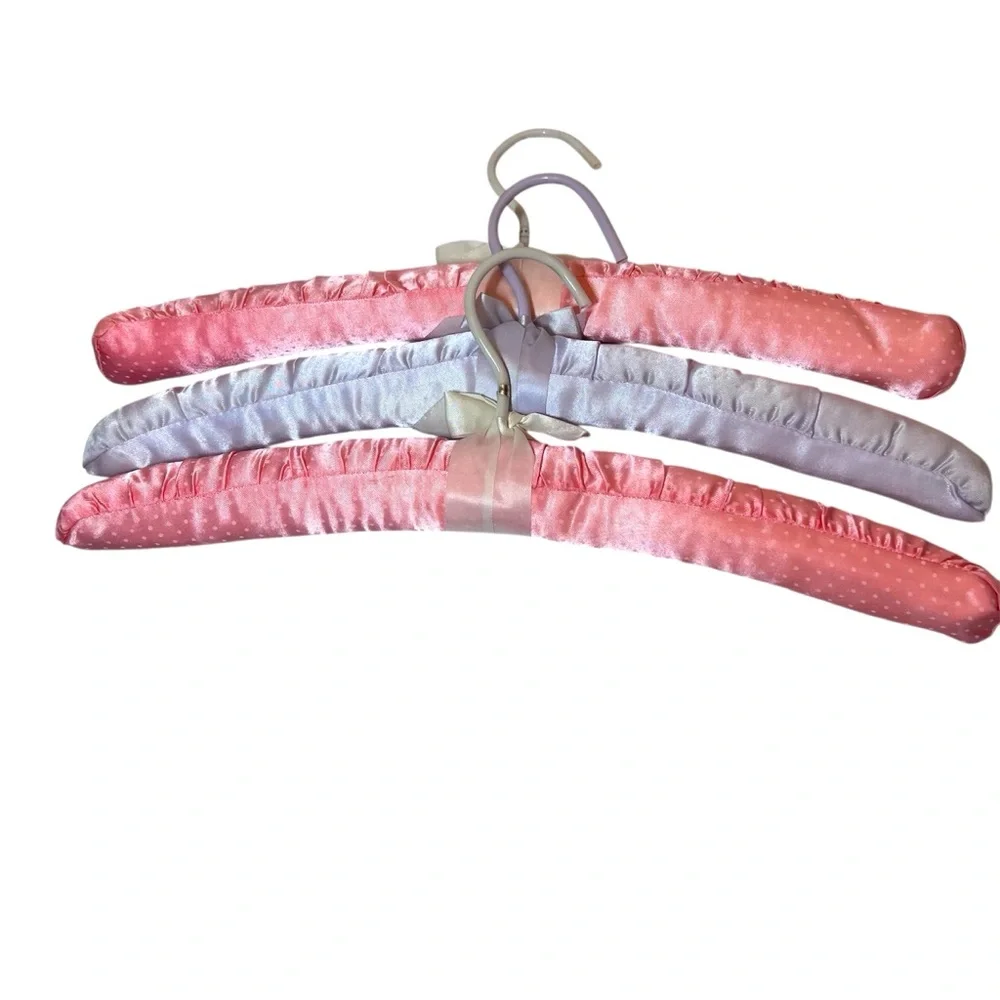 Three Luxurious Padded Satin Hangers-2 Pink Polka Dot and 1 Lilac Hanger.